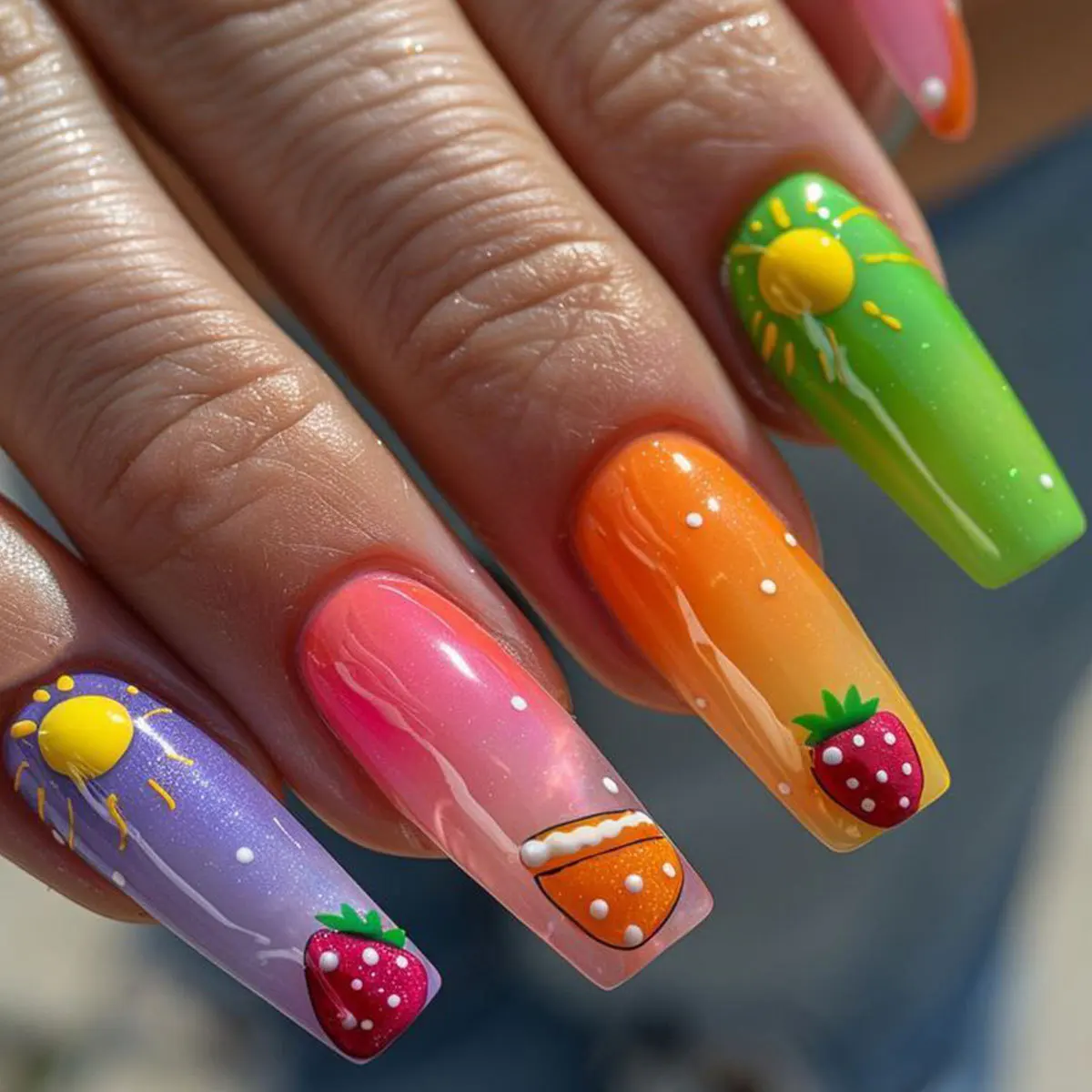 

24pcs Press on Nails Set Colorful Coffin Full Cover Nail Tips with Strawberry Design Long Ballet Fake Nail Art Reusable Manicure