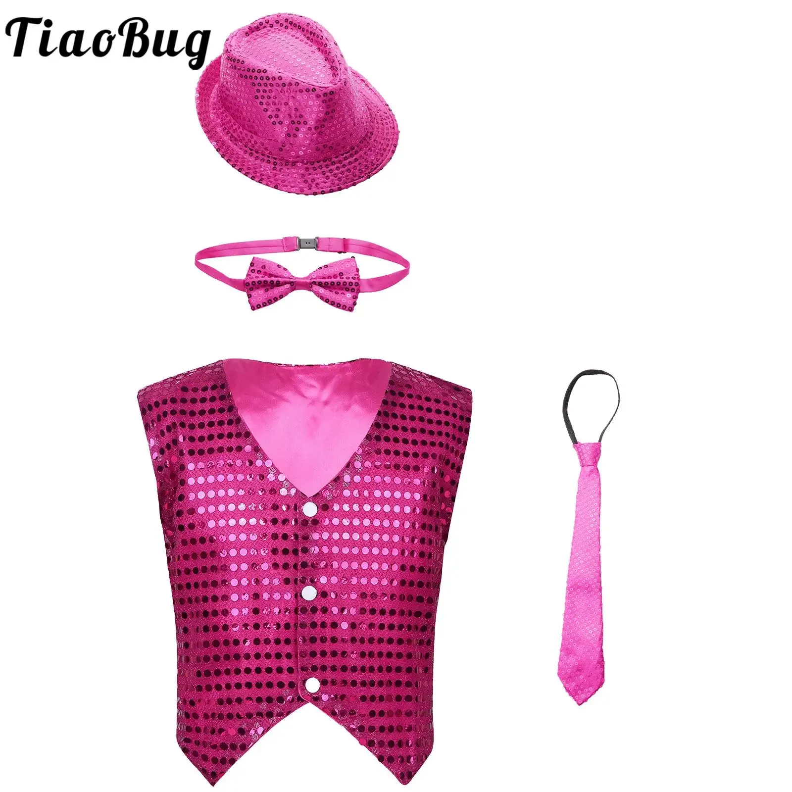 Kids Boys Hip Hop Jazz Dance Costume Glittery Sequin Vest Waistcoat with Hat Bowtie Necktie Disco Stage Performance Dancewear