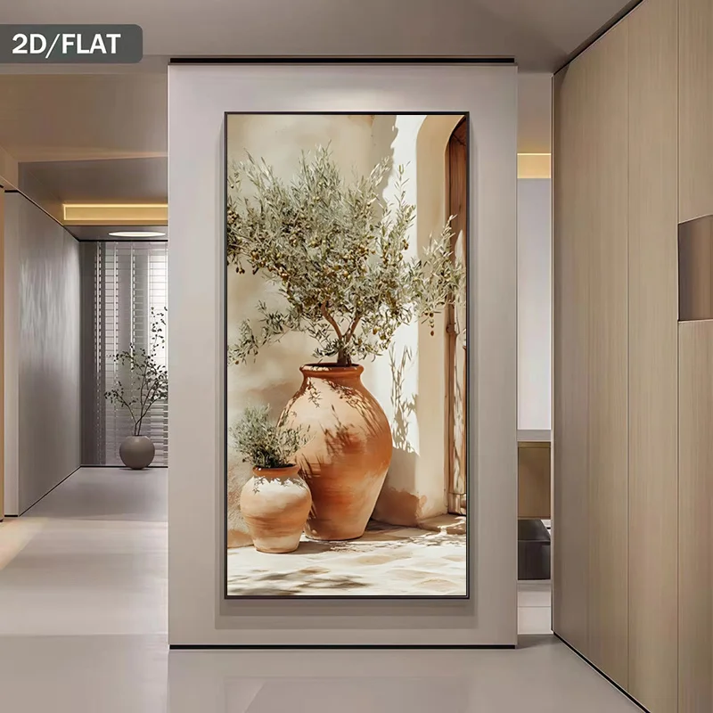 2D Flat Wall Art ,  Modern Abstract Design That Depicts an Olive Tree in a Large Terracotta Pot. Home Living Room Decor, No Fram