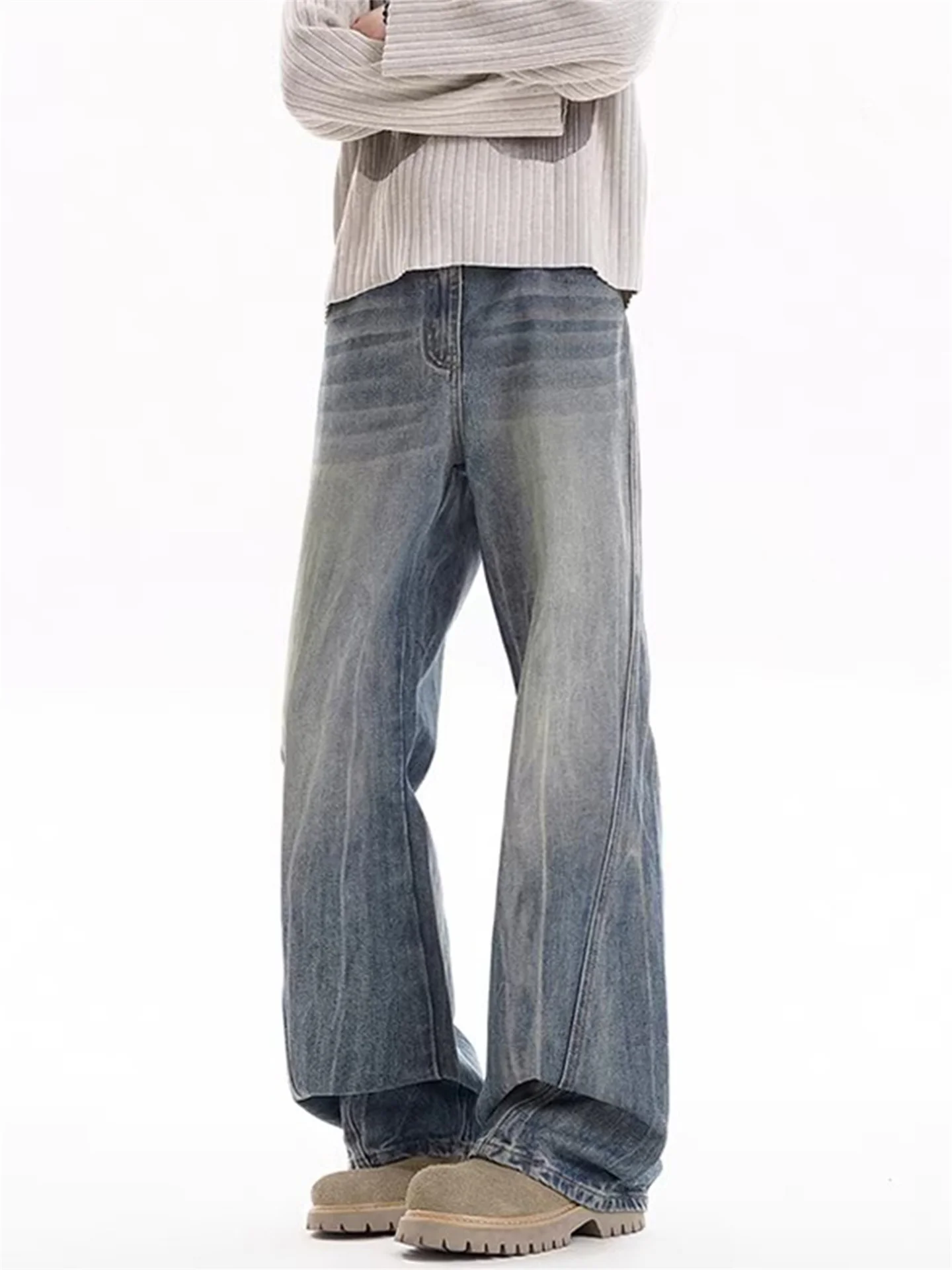 

American Sle Waed Knife Jeans Men's Trendy Cleanfit Straight Leg Micro Flare Pants High Street Haome Long Trousers