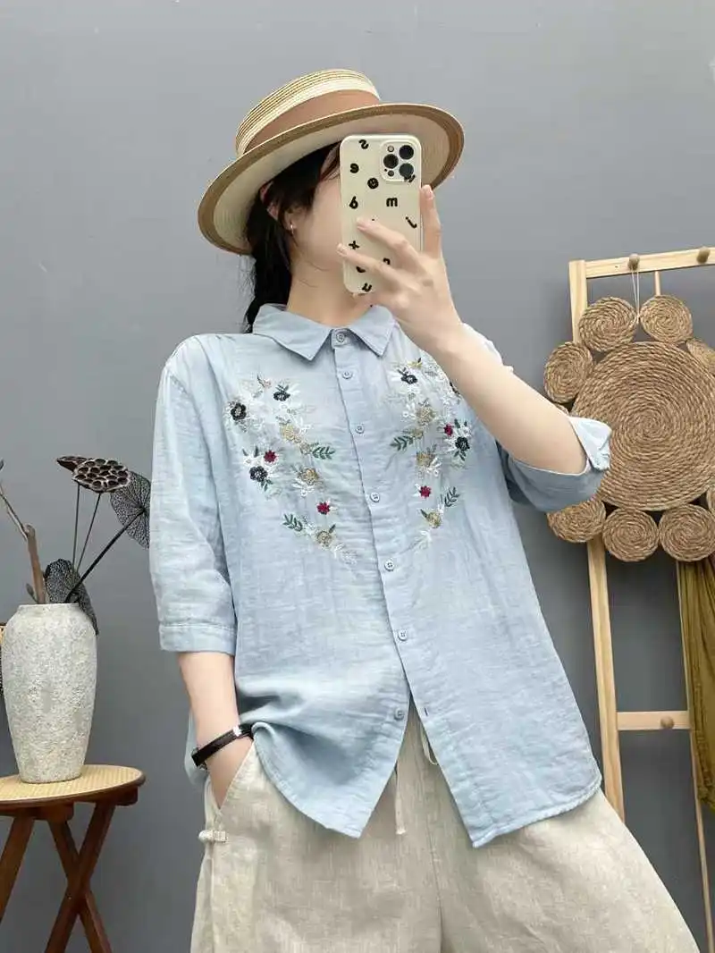 ใหม่2025ฤดูร้อนผ้าฝ้ายเส้นด้ายครึ่งแขนเสื้อผู้หญิงTurn-Downคอเย็บปักถักร้อย, MoriสาวOL Chicนุ่มหลวมเสื้อt54812CC