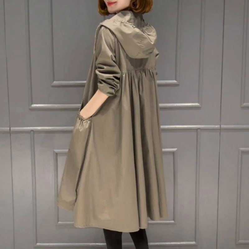 

2025 New Hooded Medium and Long Over-knee Women's Trench Coat, Loose Large Size Coat