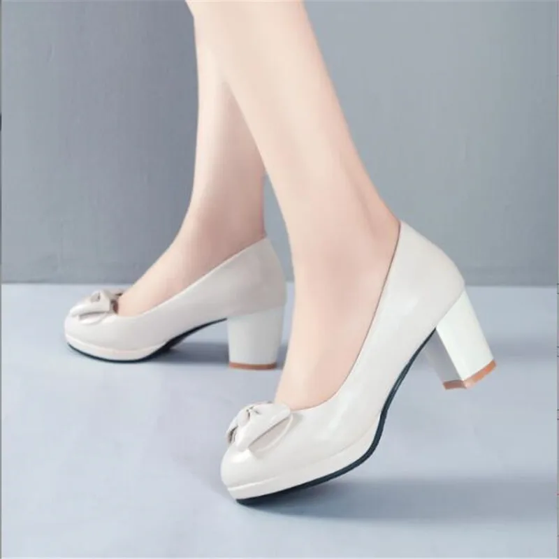 Girls' Shoes Spring 2022 Bowtie High Heels Women Pumps Party Sweet Pink Black White Bride Wedding Block Heel Ladies Shoes