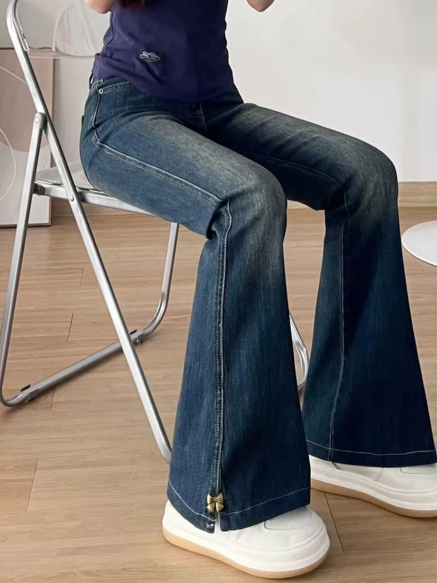 

Эластичные джинсы с разрезом в стиле ретро, женские утягивающие брюки с высокой талией, расклешенные брюки, модные повседневные синие джинсовые брюки для поездок на работу