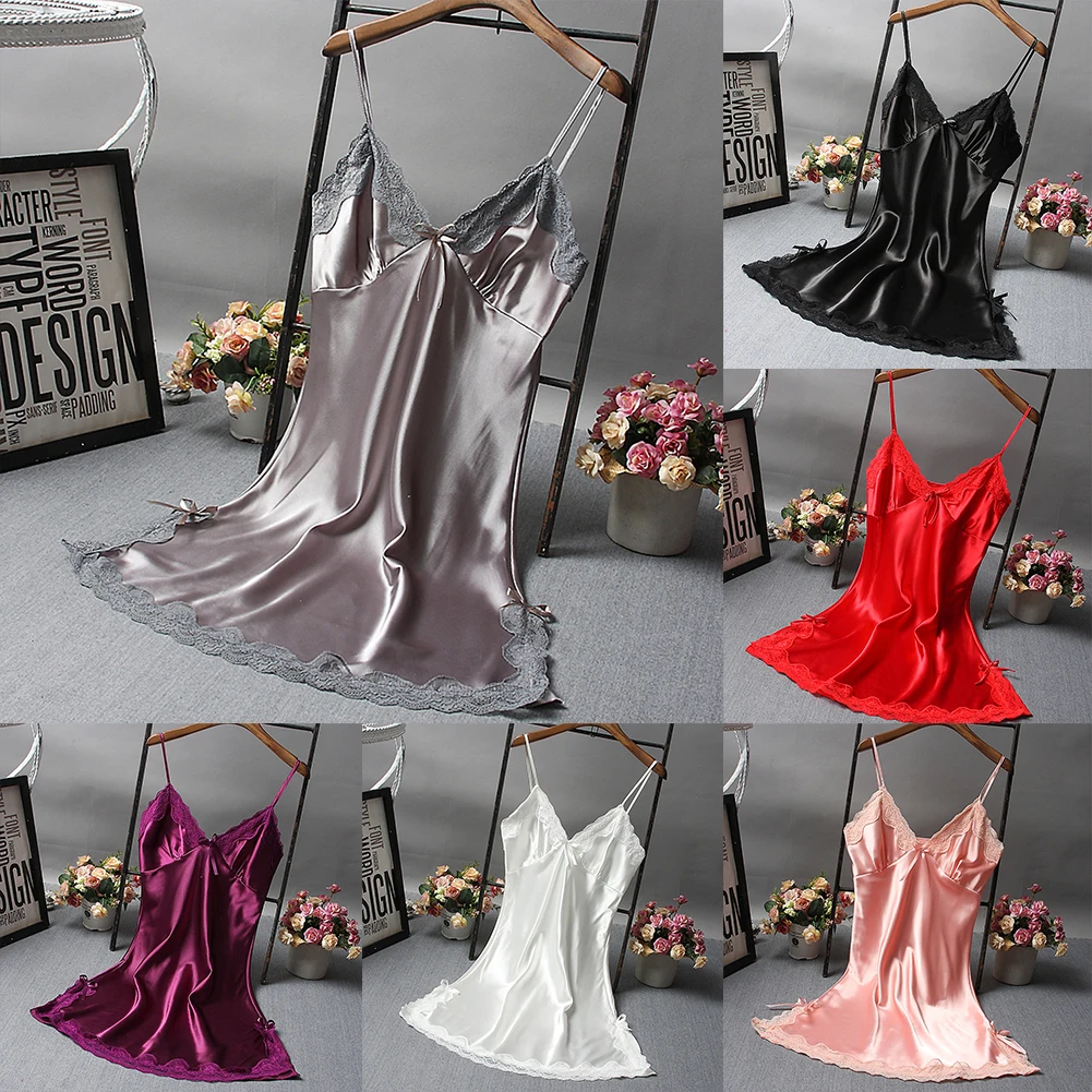 

Womens Suspenders Deep V Nightdress Satin Comfortable Lace Sexy Lingerie Pajamas Dresses Ladies Nightwear