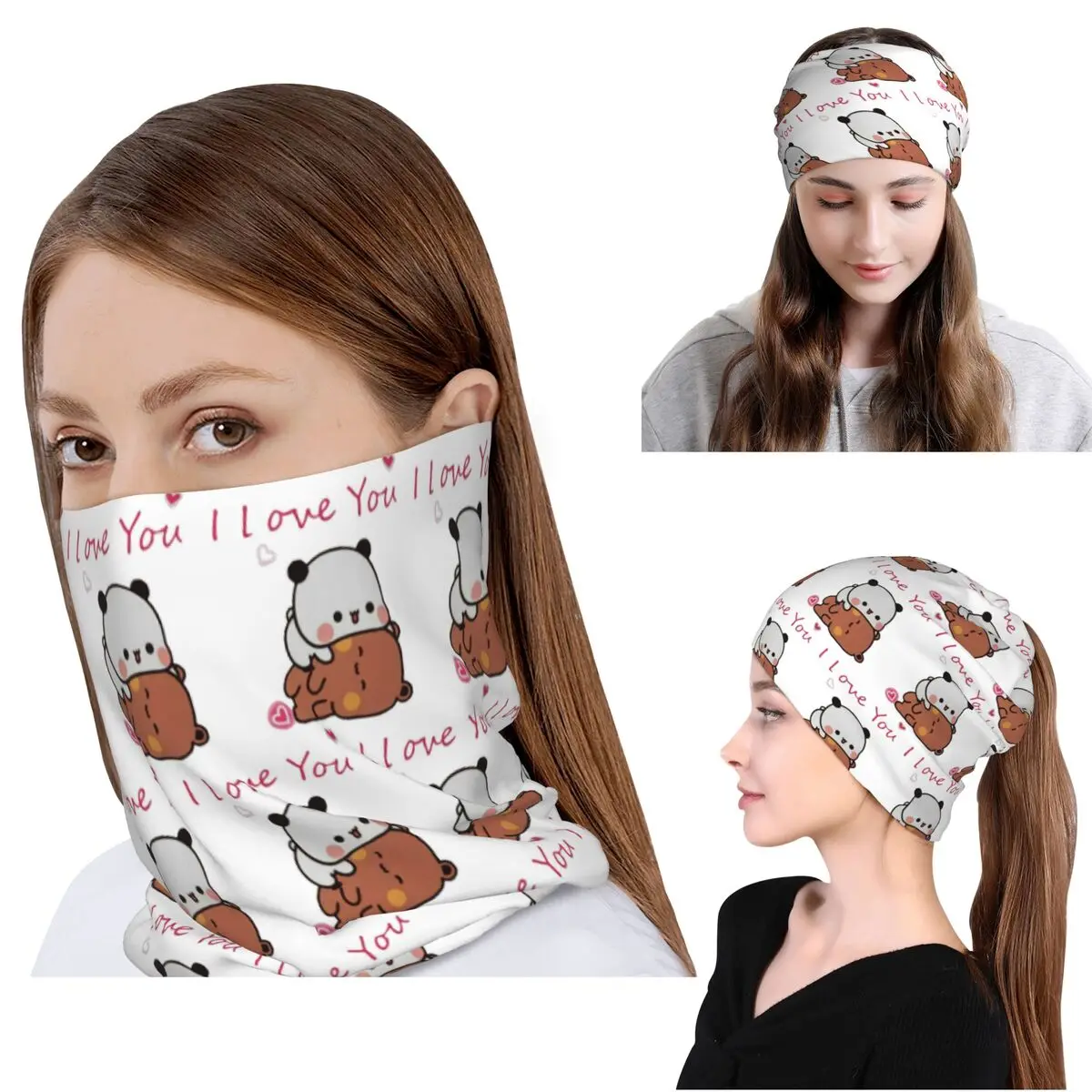 

Bubu Dudu Panda And Brownie Bear Couple Bandana Neck Gaiter Wrap Scarf Multi-use Cycling Scarf Beanies Hat Unisex Windproof