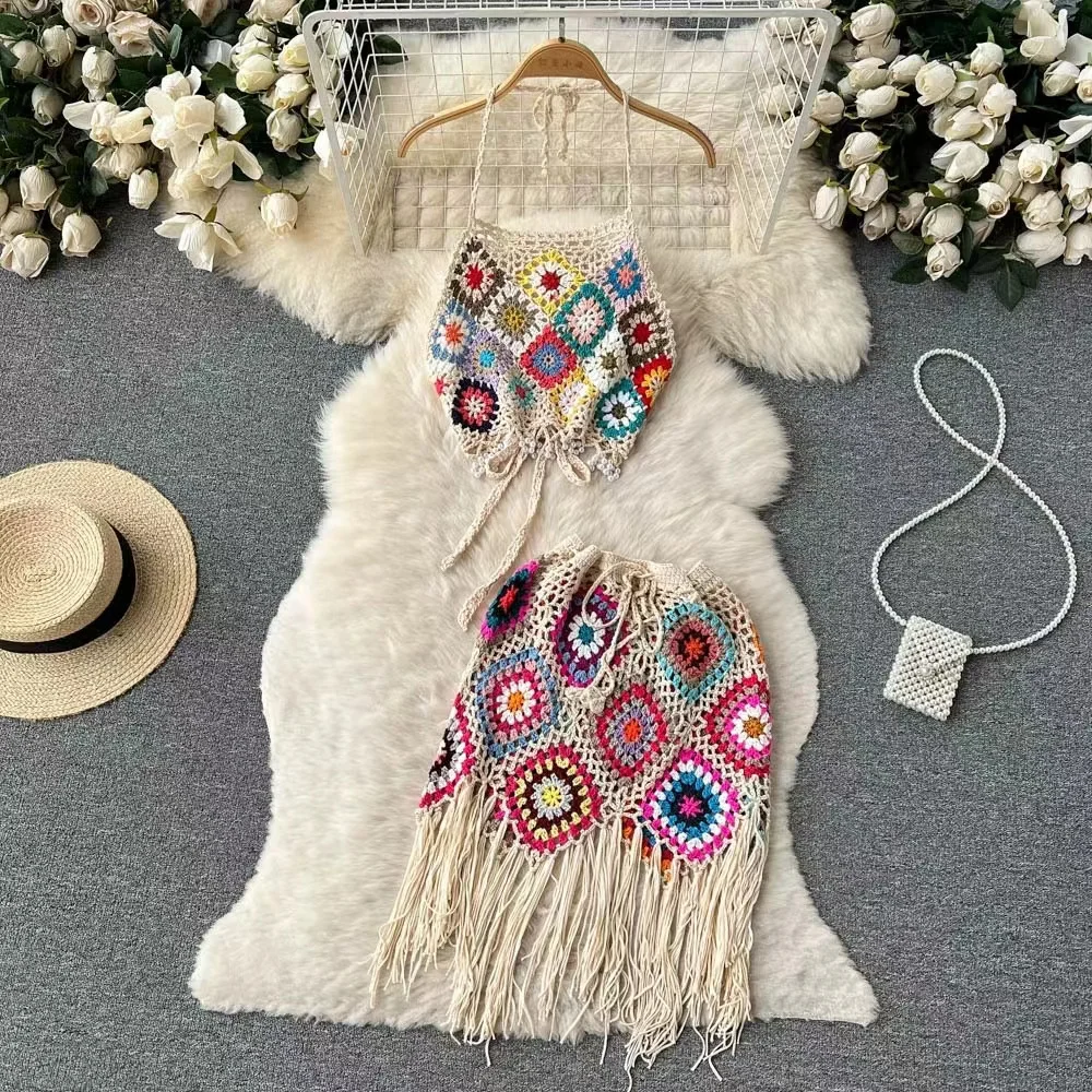 Bohemian Two Piece Knitted Sets Summer Hook Hollow Out Camisole Floral Irregular Tassel Skirt Sexy Beach Style Suits Patchwork