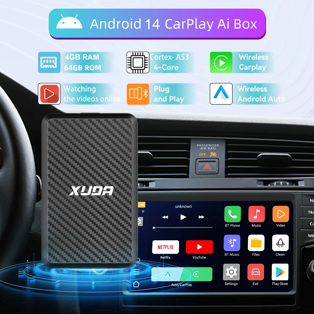 XUDA-Mini Carplay sans fil Ai Box, 4 cœurs, 2 Go + 16 Go, Android 14.0, prend en charge Netflix, prometteur, adapté à 99% des voitures avec Carplay filaire