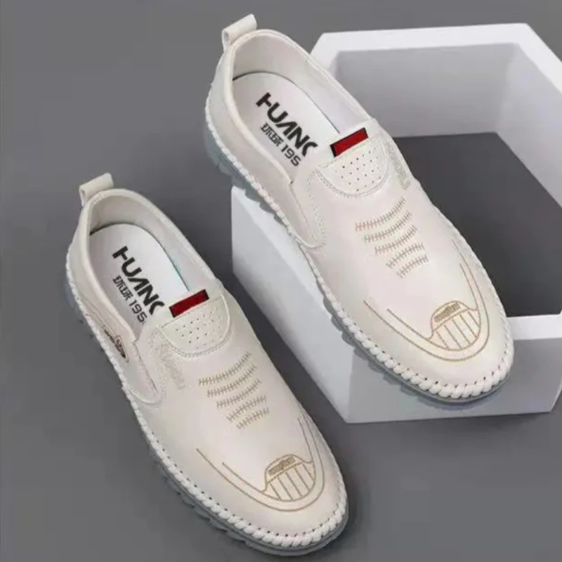 Herren Atmungsaktive Weiße Lederschuhe Sommer Herbst Business Weiche Sohle Bohnenschuhe Herren Street-Style Runde Zehenkappe Flacher Absatz