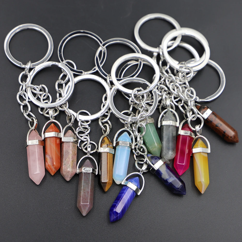 1Pc Trendy Hexagonal Column Shape Crystal Opal Natural Stone Pendant Keychain Accessories For Women Men Gift