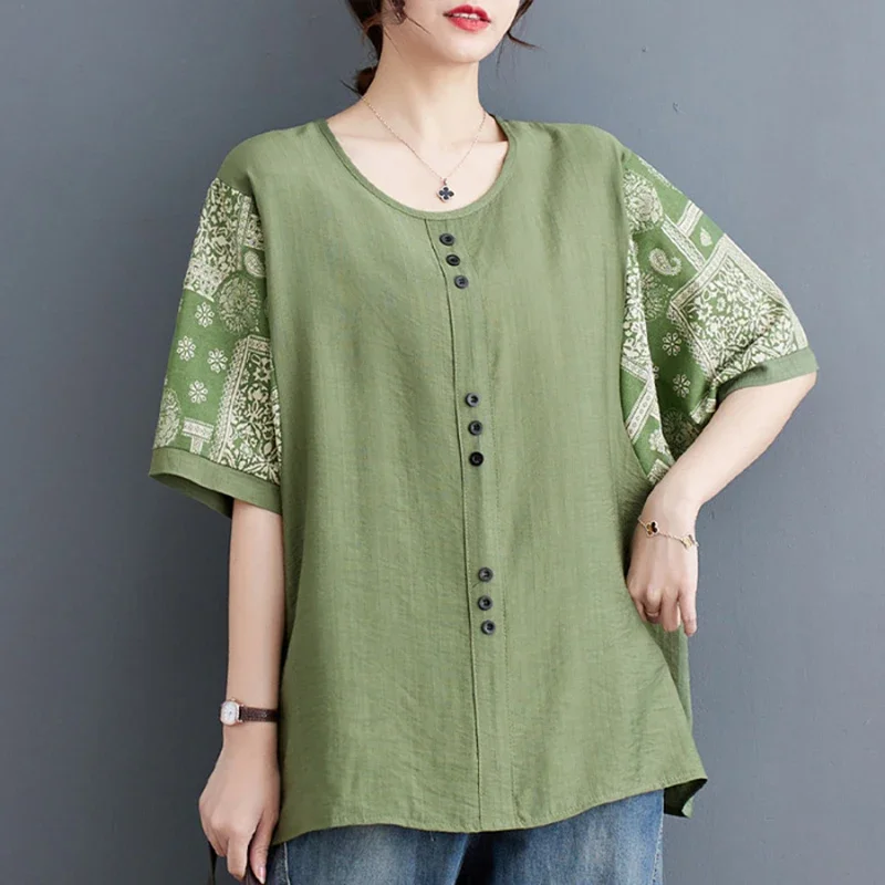 

Women's Cotton Linen Loose Pullover T Shirt Western Style Summer Top Slimming 5/4 Sleeve Printed Casual Fashion for Plus Size
