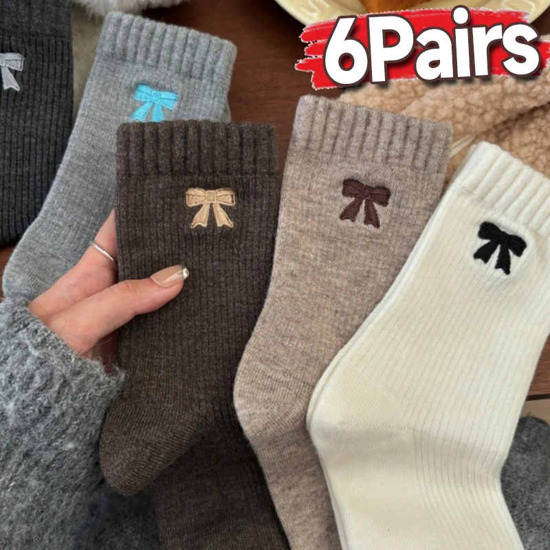 

Зимние теплые носки до середины икры, женские флисовые хлопковые уютные домашние носки с бантом, дышащие удобные эластичные мягкие термостойкие модные носки в стиле ретро