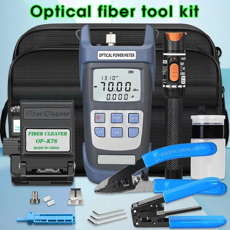 

Fiber Optic FTTH Tool Kit with Power Meter, Visual Fault Locator, Fiber Cleaver, Stripper, Adapter and Bag, 10mW customized