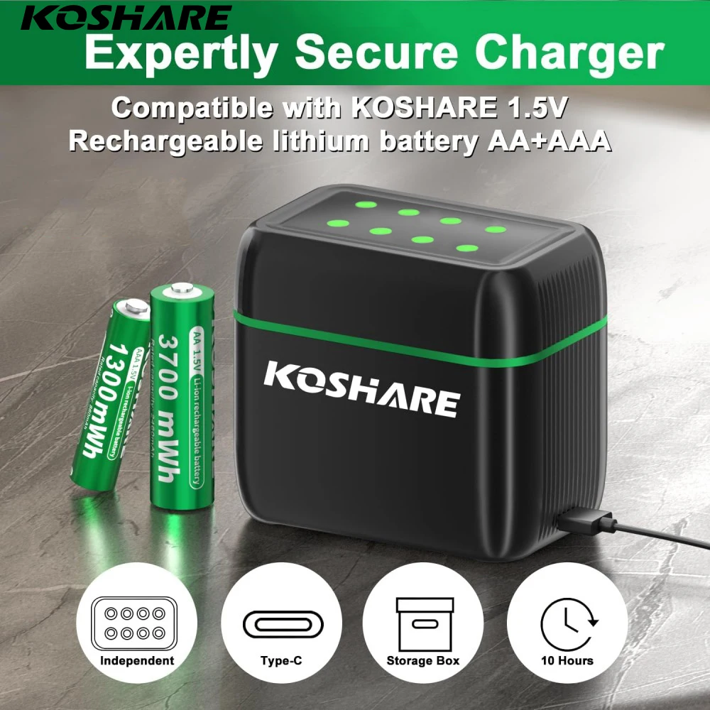 

KOSHARE Rechargeable Battery 1.5V AA 3700mWh/AAA1300mWh lithium battery with Charger for Console Mouse Remote Control