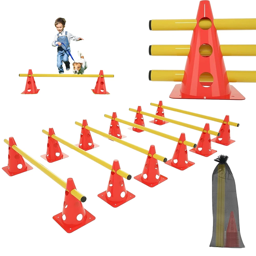 Kit d'entraînement d'agilité réglable, adapté au football/tennis/handball/équitation/sports canins. Vitesse ​ ​ et équipement d'entraînement à la coordination pour enfants et adultes. Comprend des obstacles, des cônes et un sac de transport. Cadeau gratuit pour les athlètes/entraîneurs.