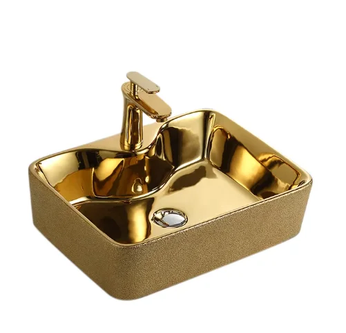 Hand wash face ceramic art sink gold countertop basin bathroom rectangular ceramic basin with faucet hole