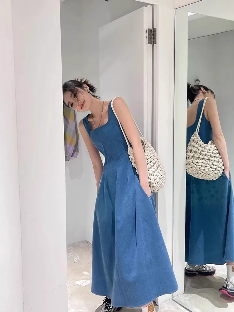 

2026 Summer Dresses For Lady Spaghetti Strap A-line Dress Solid Color Vestidos Casual Simple Style All-match Sleeveless Backless