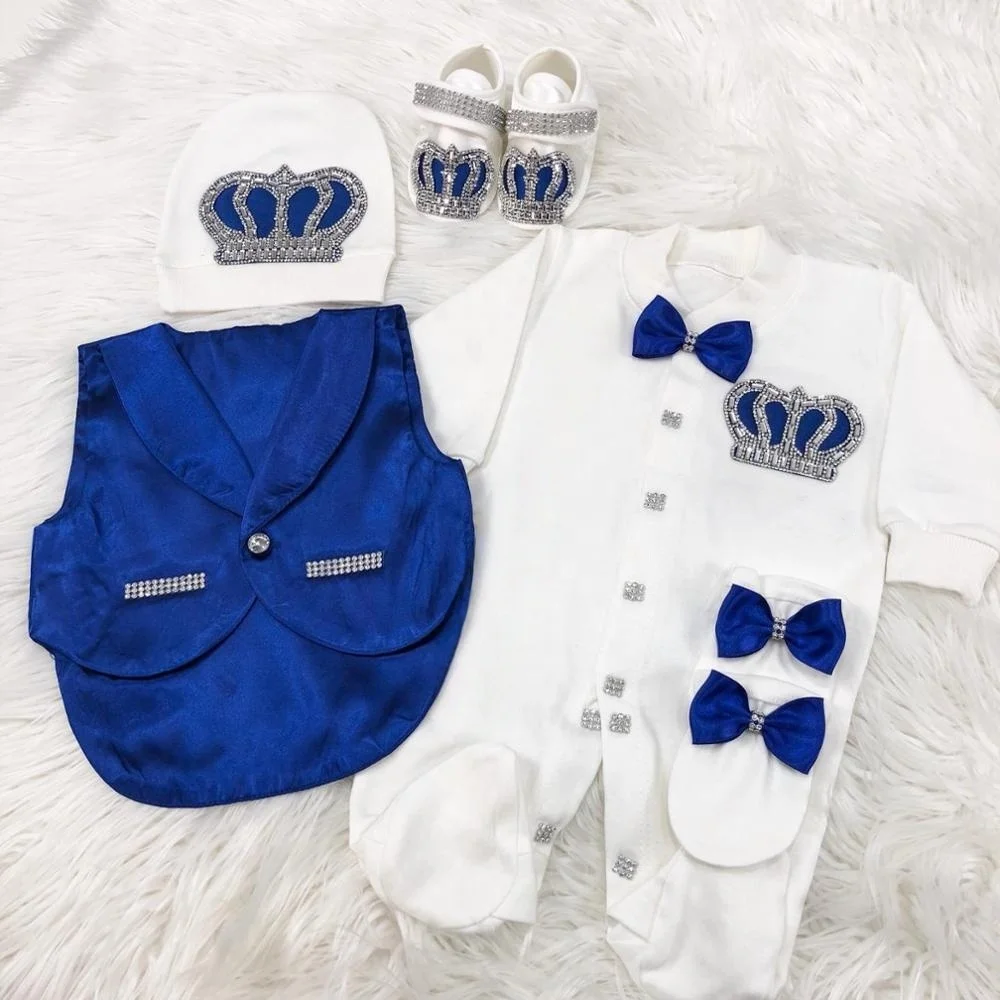 

Boutique Baby Gift Newborn Prince Outfit 0-9 Months 5Pcs White Royal Blue Satin Vest Bow Tie Rhinestone Crown Footed Romper