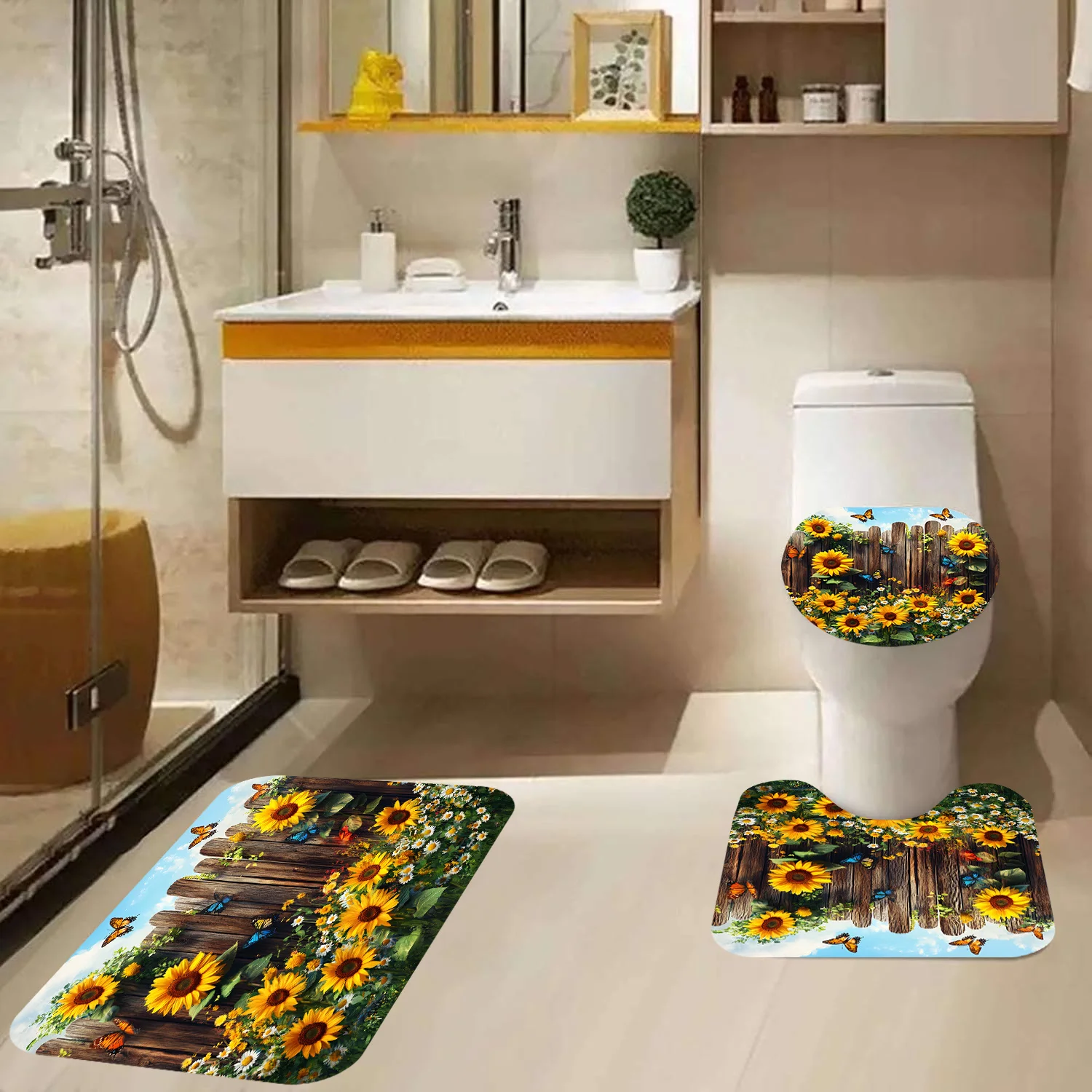 

3 Piece Sunflower Bathroom Rug Set Butterfly Wood Print Non Slip Absorbent Bath Mat Toilet Lid Cover Floor Carpet Decor