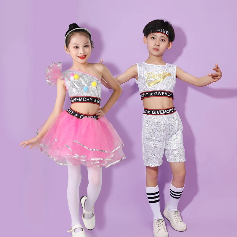 

Детский костюм для выступлений, костюм для джазовых танцев, комплект из марлевой юбки с блестками для черлидинга для мужчин и женщин.