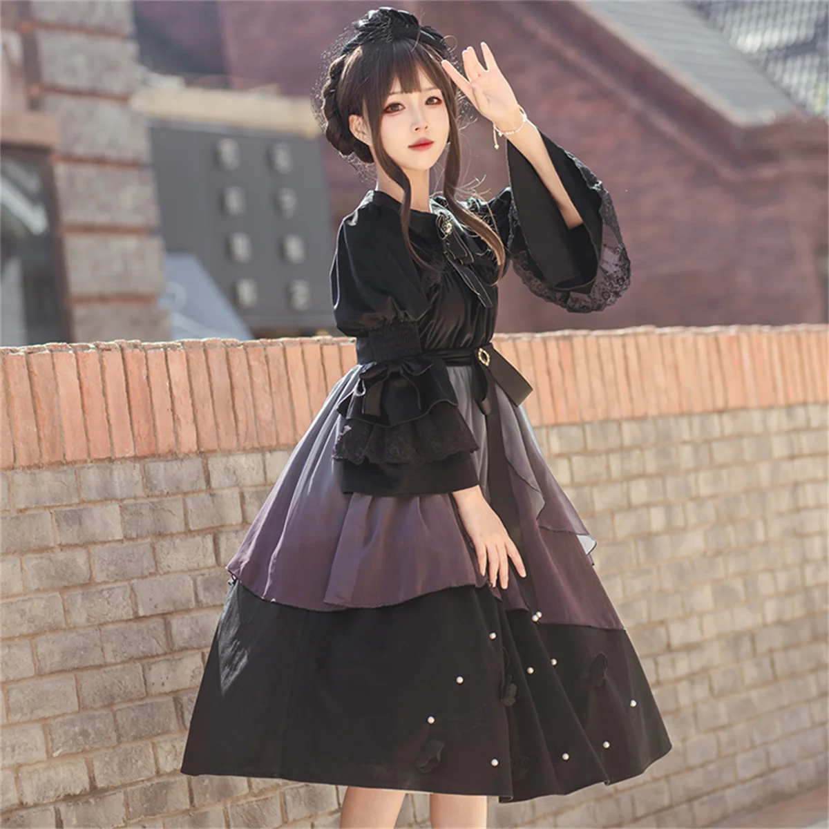 Japoński słodki styl Lolita Cute Girls Cosplay Op Ribbon Bowknot Cameo Pearls Puff Sleeve Lace Butterfly Ruffle Elegant Dress