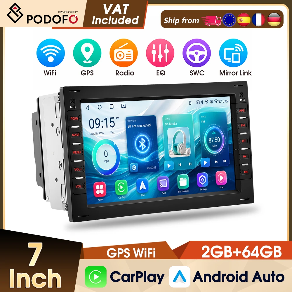 Podofo Universal 7 Zoll 2 Din 4-Kern 2+64G Wireless CarPlay Android Autoradio für VW FM RDS WIFI GPS Android Auto Multimedia Videoplayer