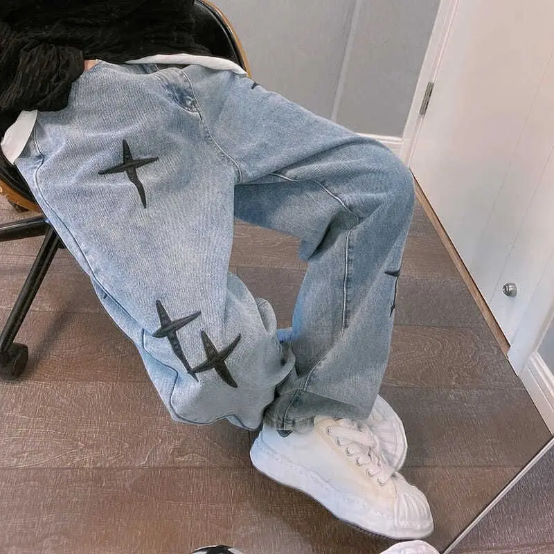 Embroidered Jeans Men\'s Straight Trousers Autumn 2022 New Korean Fashion High Street Hip-hop Style Loose Wide-leg Trousers Trend