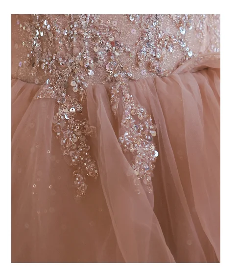 Robe de soirée dégradée rose champagne, robes de soirée de Rh, appliques avec paillettes perlées, traîne de balayage, longueur au sol