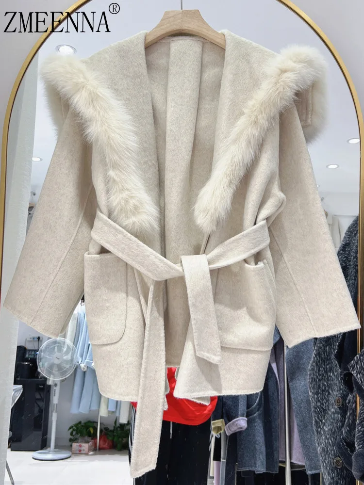 ZMEENNA Womens Hooded Wool Blend Short Coat Faux Fur Trim Shawl Collar Tie Belt Warm Winter Outerwear Oversized ZM4402