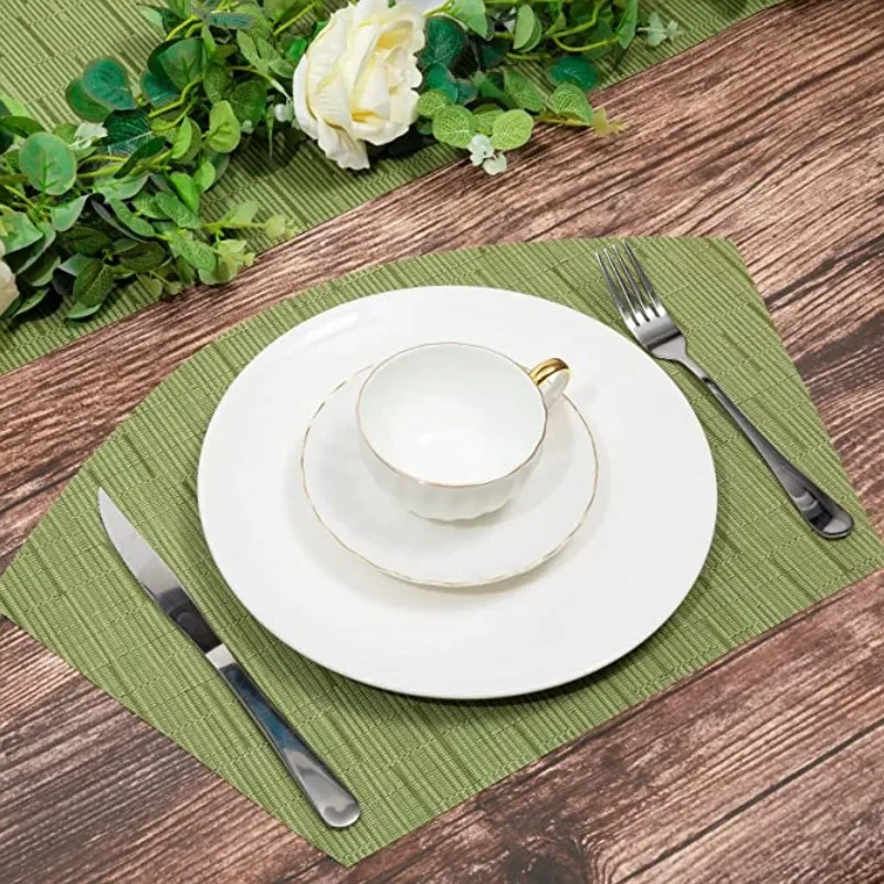 1/6/10PCS Green Gift PVC Placemats Heat Resistant Wedge Table Mats Wipe Clean Woven Vinyl Fan Shaped Dining Table Pad Mats