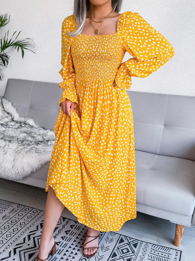 Square Neck Long Sleeve Pleated Dresses Summer Middle Waist Big Swing Flare Sleeve Ankle-length Dresses for Women 2023 Fashion