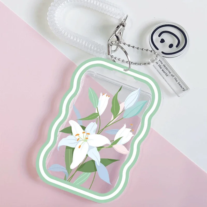 Wave Transparent White Flowers Card with Retractable Spring Cord Suitable for Bank Identity Bus ID Card Sleeve Case Door Card