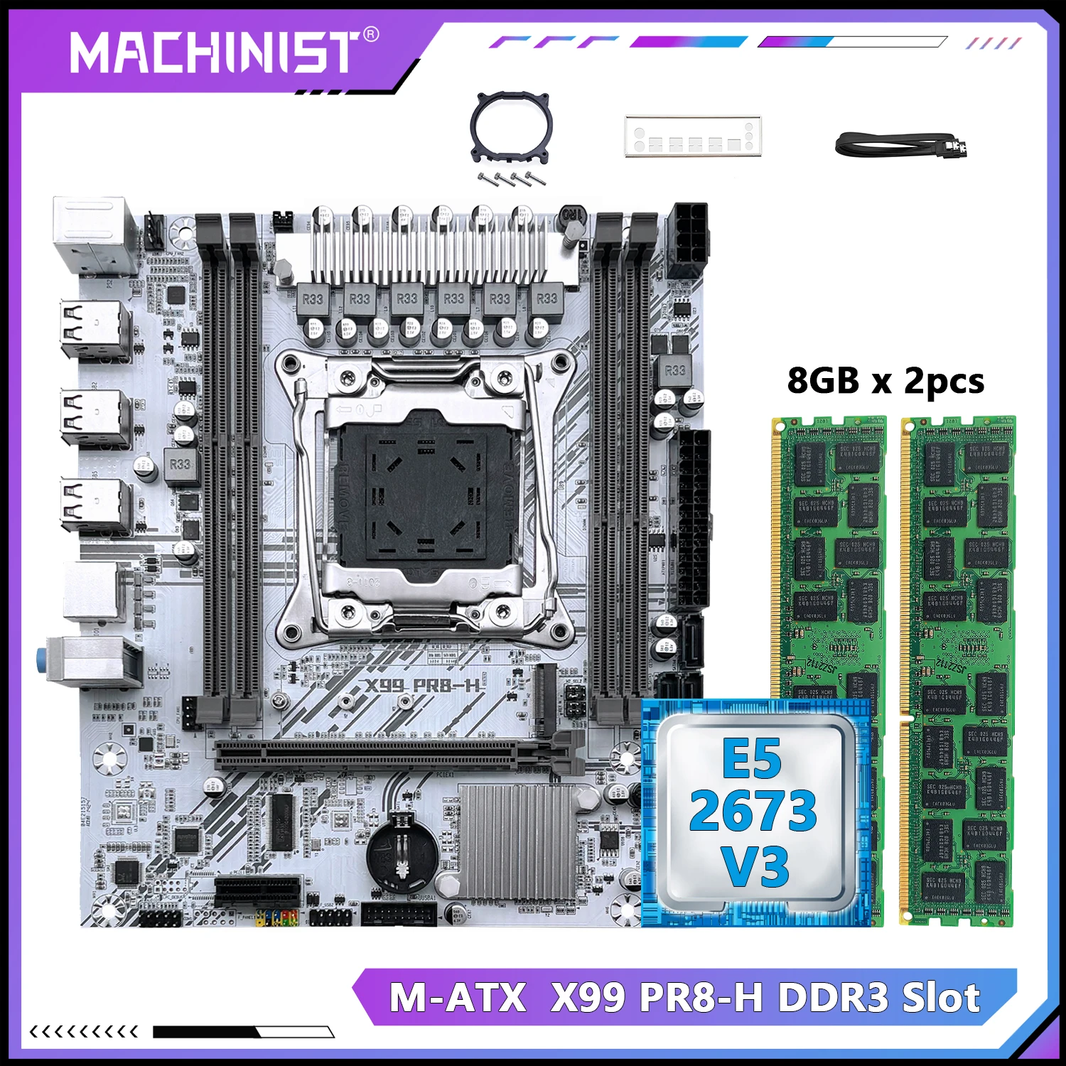 Carte mère MACHINIST X99, processeur Xeon E5 2673 V3 LGA 2011-3, 16 Go de mémoire DDR3, NVME/SATA M.2, blanc PR8-H