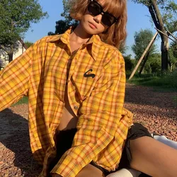 Deeptown Vintage Long Sleeve Plaid Shirts Woman's Oversized Y2k Korean Style Check Blouses Harajuku Fashion Gyaru Tops Summer