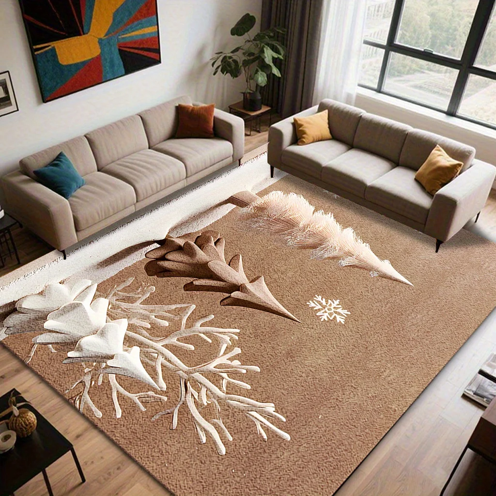 VIKAMA Xmas Living Room Rug Neutral Brown Winter Pine Tree Antler Snowflake Holiday Pattern Anti‑Slip Washable Indoor Floor Mat