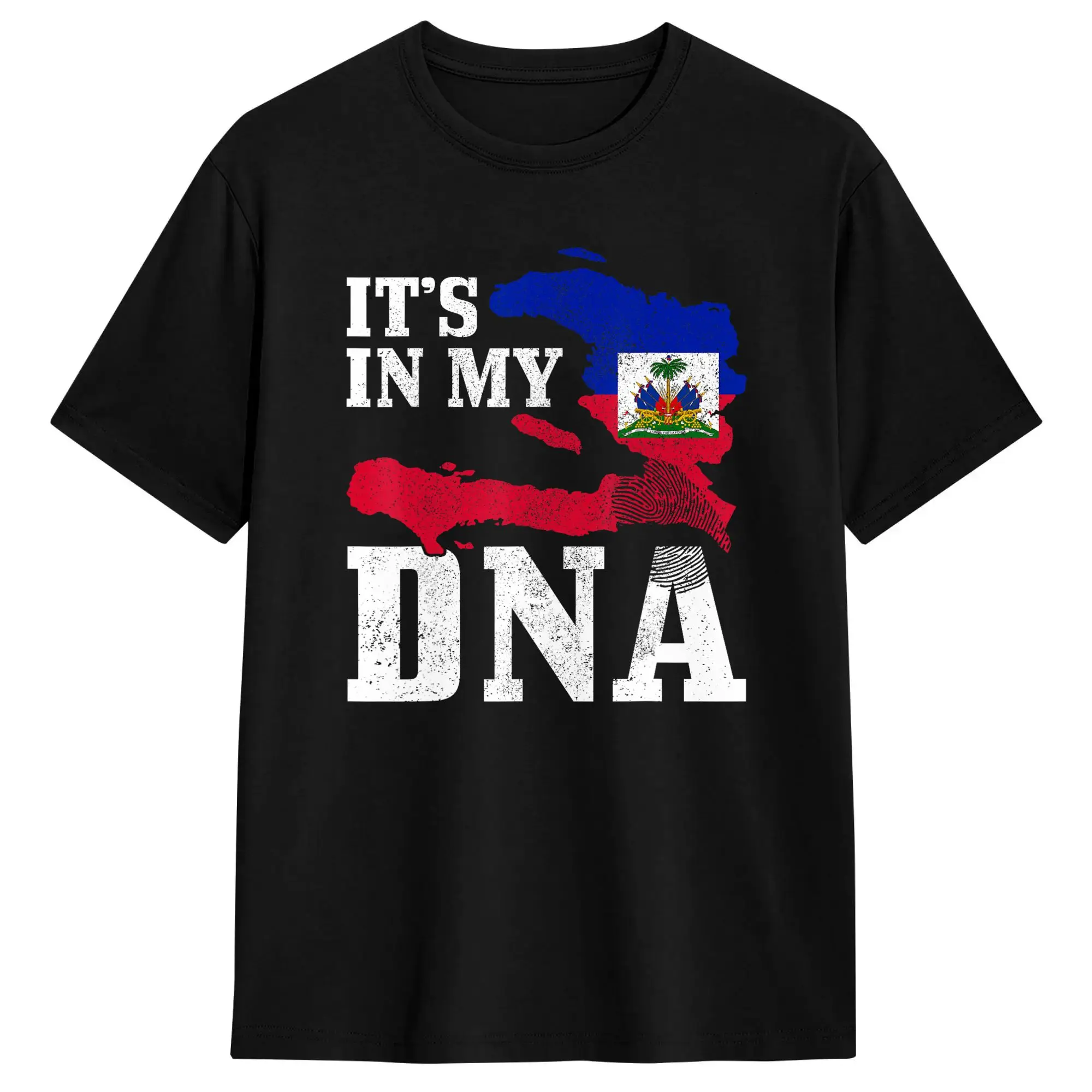 Haiti It's in My DNA Fingerprint Haitian Flag T-Shirts for Men Vintage 100% Cotton Tee Shirt Crew Neck Short Sleeve T Shirt Tops