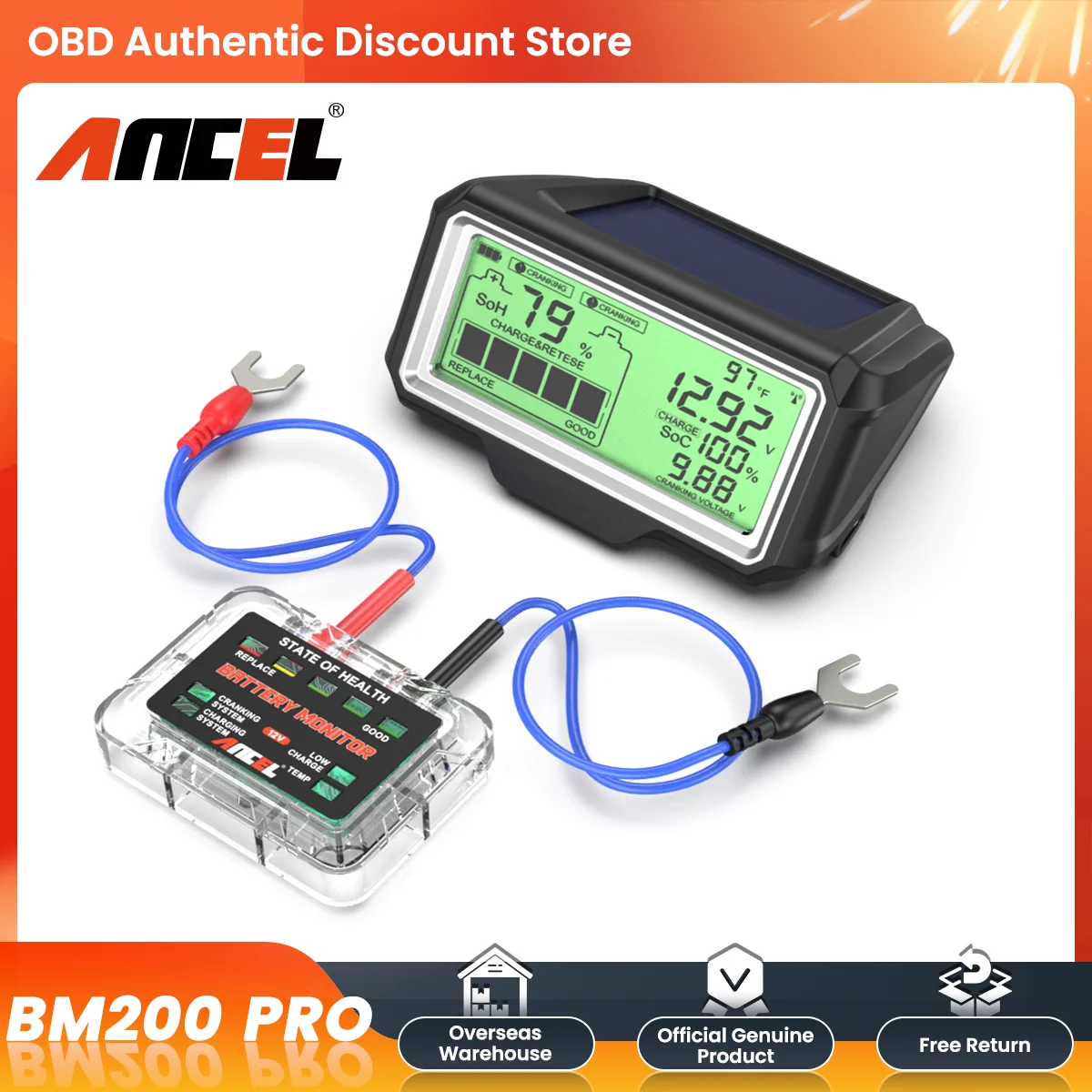 ANCEL BM200 PRO 12V LED Battery Tester Monitor Head-Up Display Charging Tester Tool Battery Health Analyzer SOH SOC Waterproof