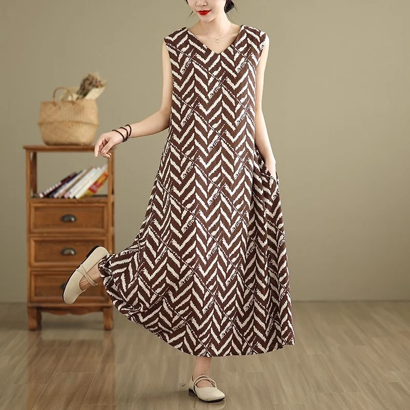 Simples sem mangas com decote em v colete vestido longo feminino verão casual sem mangas solto vestido tanque w172