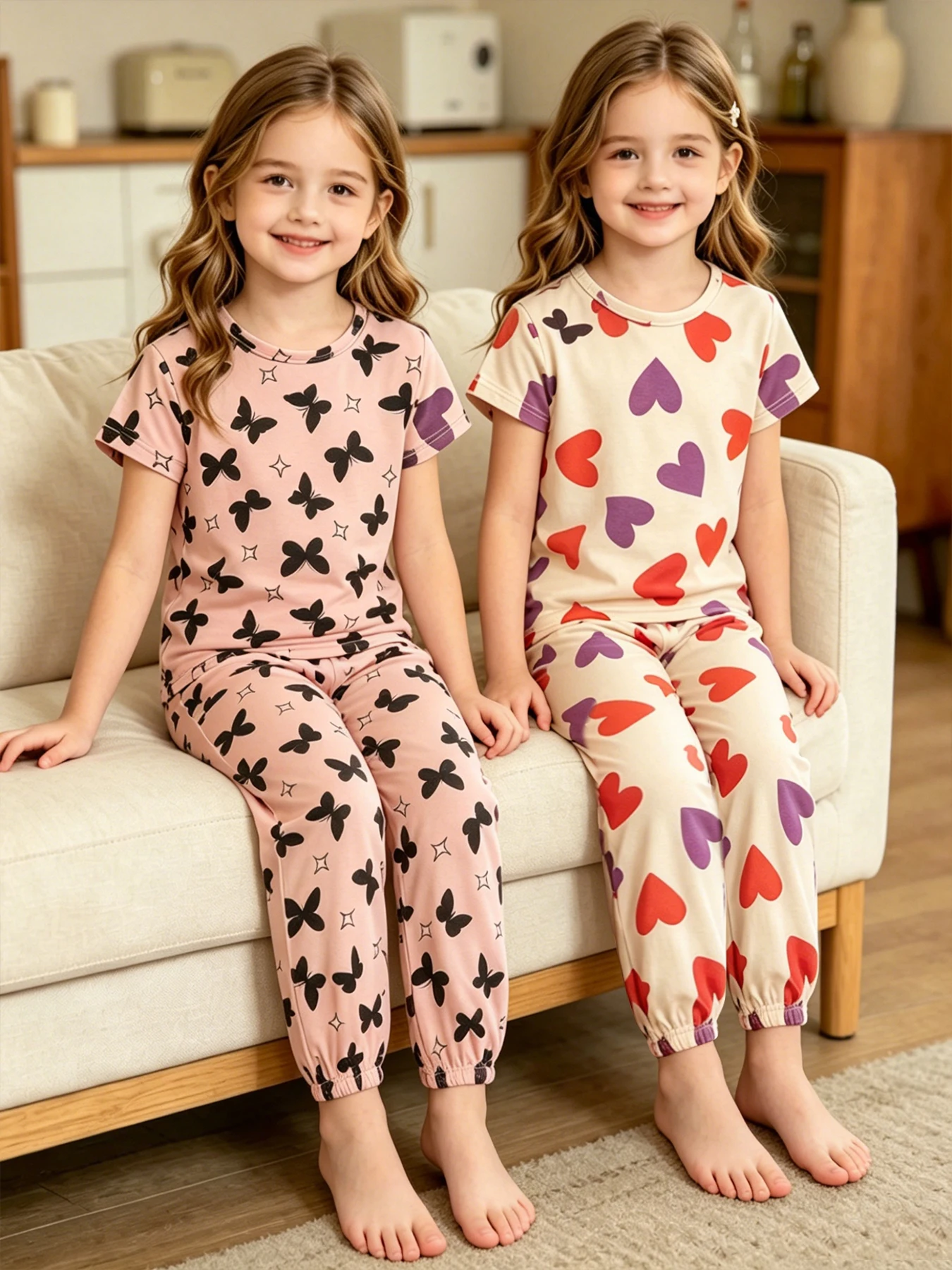 2-Piece Girls' Summer Sweet Print Set, Children's Round Neck Short-Sleeved Top, Elastic-Waisted Pants, Comfortable Home Set