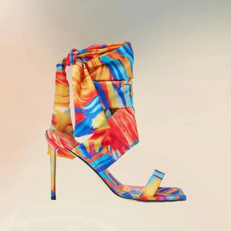 

Colorful Graffiti Print Silk Open Toe Twine Sandals Lace Up Women Shoes Thin High Heels Party Dating 2026 Zapatos Para Mujere