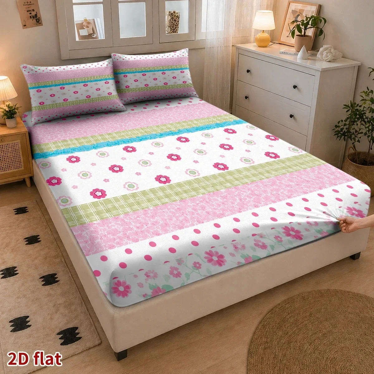 Pink Floral Polka Dot Stripes, Pastoral Fresh Style 3-Piece Mattress Protector Set, 2D Flat Print Fitted Sheet, Four-Season Fitted Sheet Set, Home Bedroom Decoration, Holiday-Themed Fitted Sheet and Pillowcase, Mattress Protector, Stain-Resistant, Mattress Cover Suitable for All Seasons, Machine Washable, Easy to Care For, Dust-Proof and Dirt-Resistant, High Elasticity, Fits Various Sizes