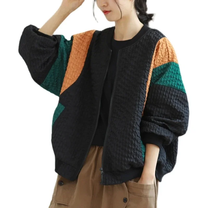 Color Blocking Patchwork Jacket for Women\'s Clothing in the Spring Autumn of 2025 Loose Casual Style With Zipper Jacket Cardigan