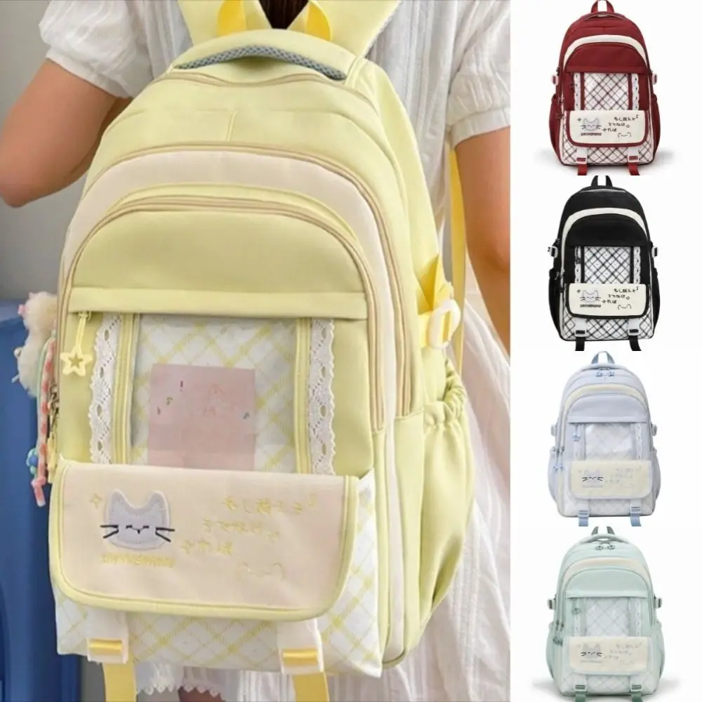 Nylon Hollow Lace Backpack Color-blocked Preppy Style Large Capacity School Bag Durable Transparent Cat Plaid Backpack Daily