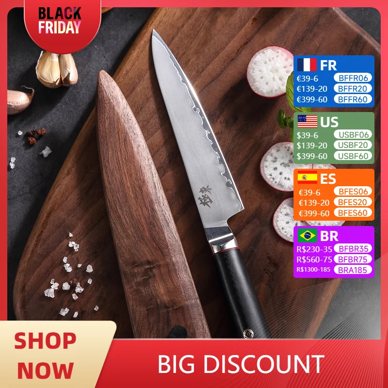 4 Inch Paring Knife With Wood Cover 3 Layer Clad Steel Blade G10 Handle Cleaver Steak Peeling BBQ Kitchen Knives Cooking Tools