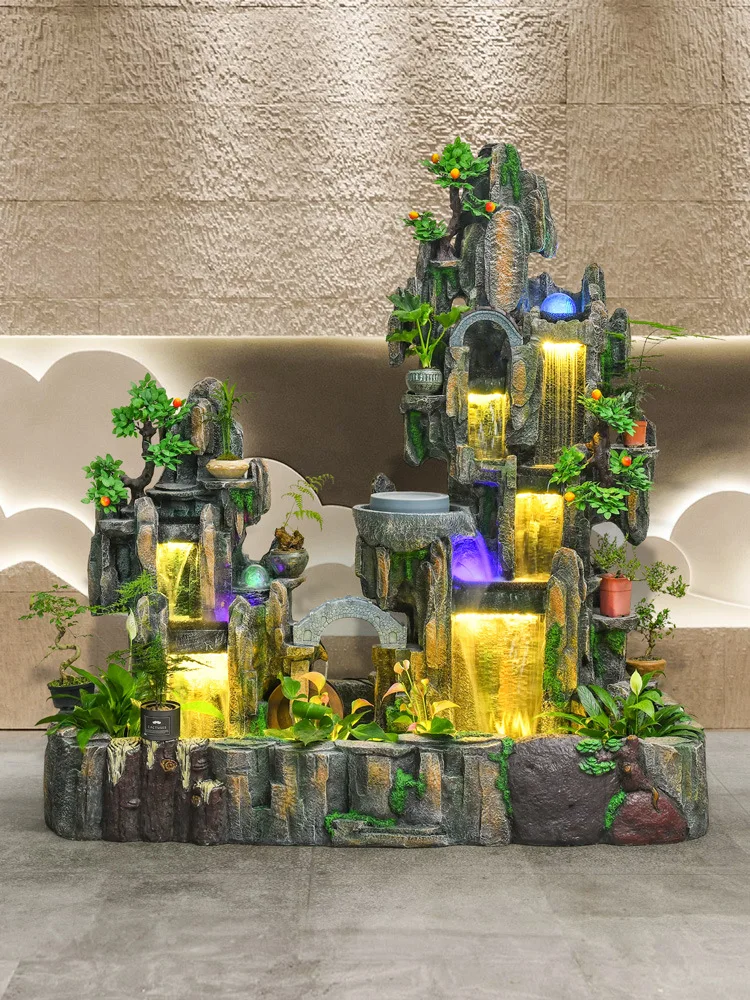 Large floor-to-ceiling rockery fountain water feature living room office balcony humidifier running