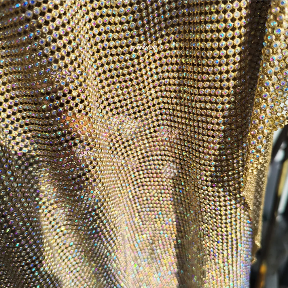 45*120cm Gold AB Rhinestone metal mesh fabric Loose Rhinestones Crystal metallic cloth DIY Kendall Dress garment,evening bag