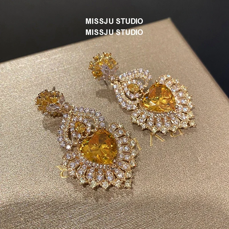 

Серьги-капли из серебра 925 пробы с иглами для женщин, желтый цитрин, кубический циркон, аксессуары для вечеринок, винтажные ювелирные изделия