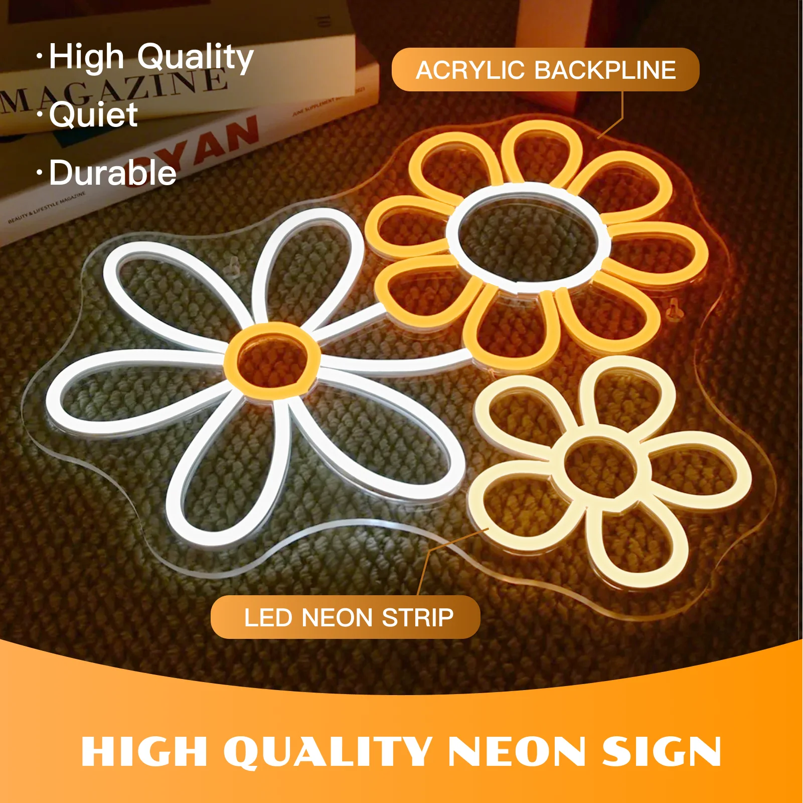 Three Pcs Daisy Flowers Neon Sign Acrylic Wall Mount LED Neon Sign Room Decor Flower Signage for Home Wall Decor