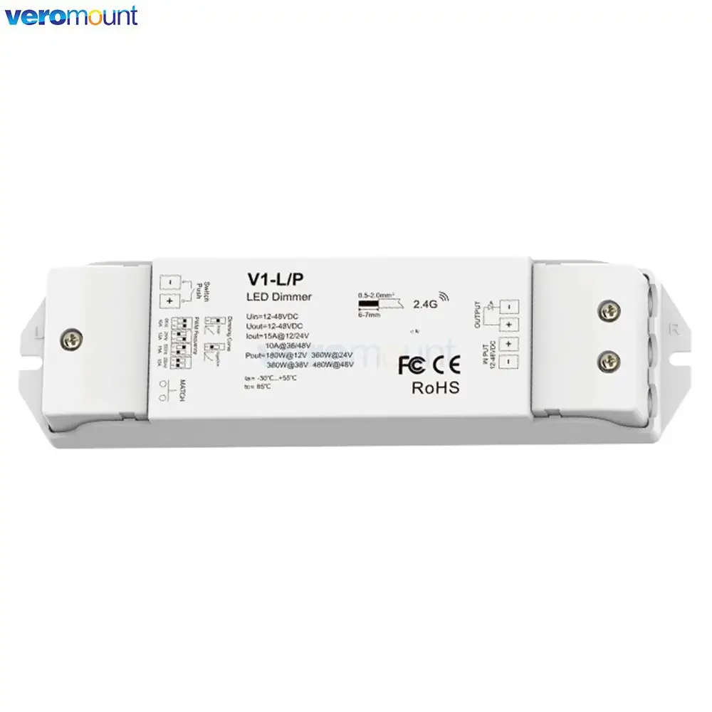 Skydance V1-L/P 1CH*15A DC12-48V CV Controller Self-Reset Switch 2.4G RF Push-Dim PWM Dimmer for Single Color LED Strip Light