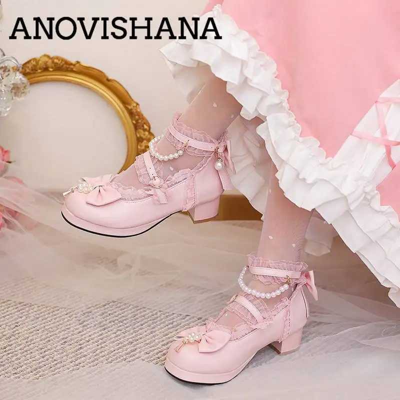 ANOVISHANA Women Pumps Round Toe Block Heel 5cm Buckle Strap Bowknot Beads Lolita Style Big Size 41 42 43 Sweet Cute Girls Shoes